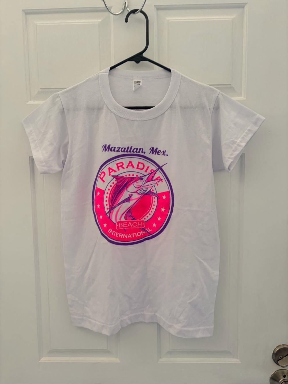 Paradise Beach Mazatlan Graphic T-Shirt - White with Pink & Purple Print